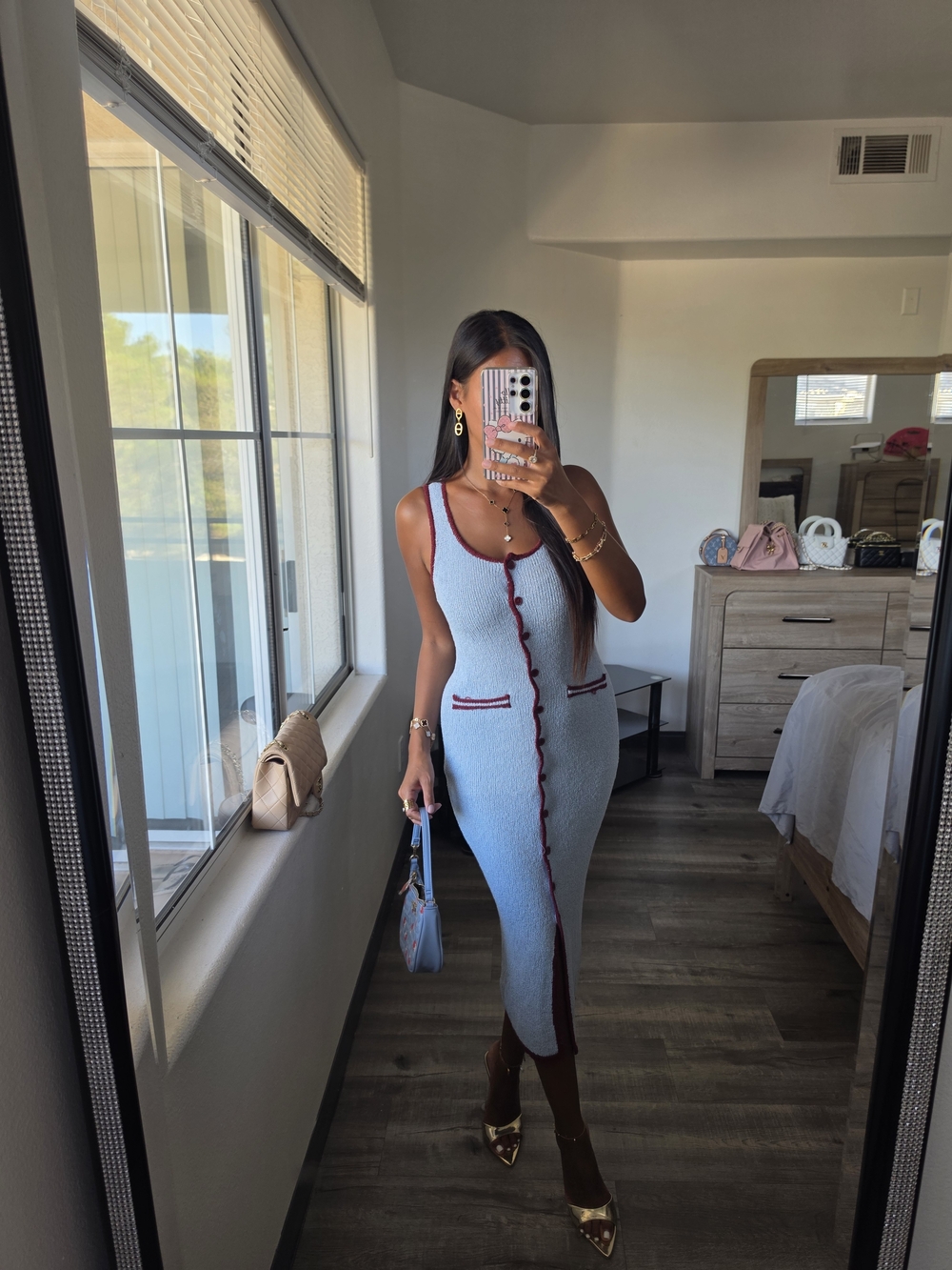 Light Blue Knit Midi Dress with Burgundy Trim Stretchy - Picture 6 of 17